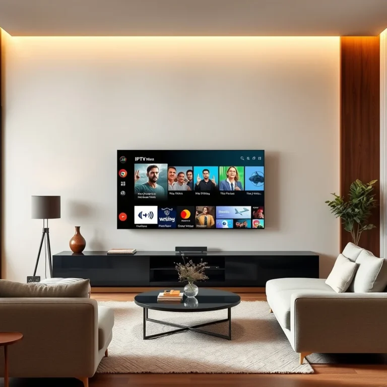 best iptv - Photorealistic modern living room with large smart TV displaying IPTV streaming interface, cozy couch, shot on DSLR, natural lighting, unedited photo, 8k resolution