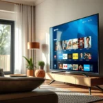 bestbuy iptv iptv trial​ - Photorealistic close-up of modern smart TV displaying IPTV streaming interface in cozy living room, natural lighting, shot on DSLR, unedited photo, 8k resolution