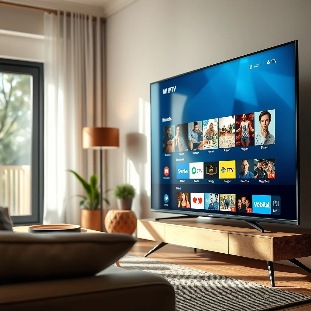 bestbuy iptv iptv trial​ - Photorealistic close-up of modern smart TV displaying IPTV streaming interface in cozy living room, natural lighting, shot on DSLR, unedited photo, 8k resolution