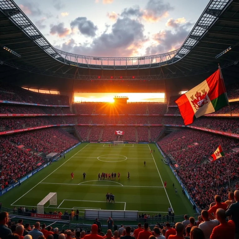 canada vs bosnia and herzegovina - Photorealistic soccer stadium packed with fans, Canada and Bosnia flags waving, players entering pitch at sunset, shot on DSLR, natural lighting, 8k resolution