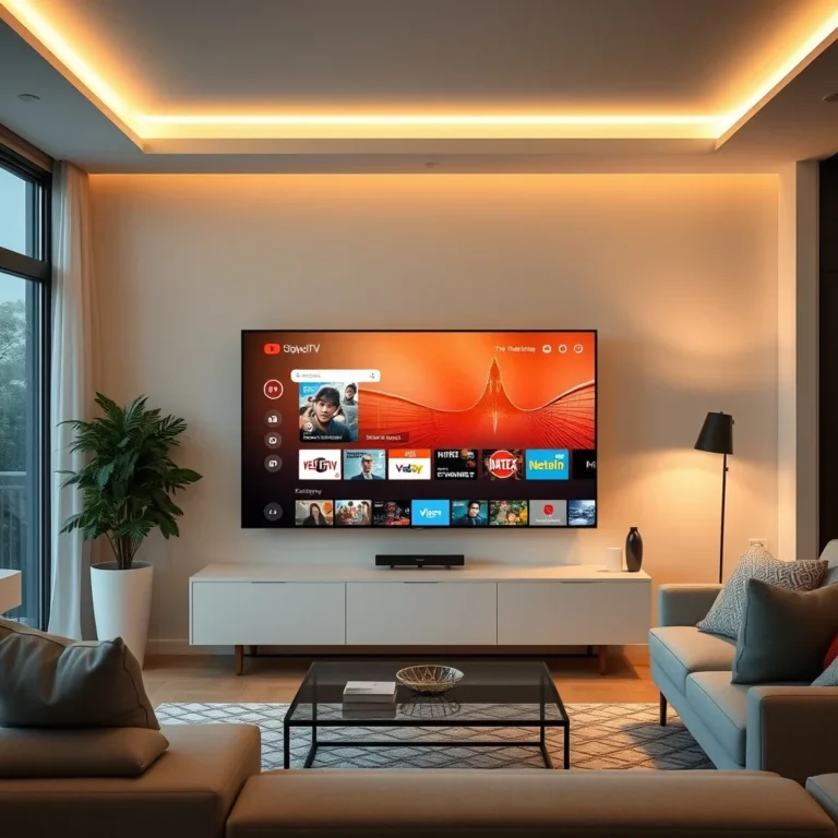 forest iptv free trial​ - Photorealistic smart TV displaying IPTV streaming interface in modern living room, soft evening lighting, shot on DSLR, unedited photo, 8k resolution