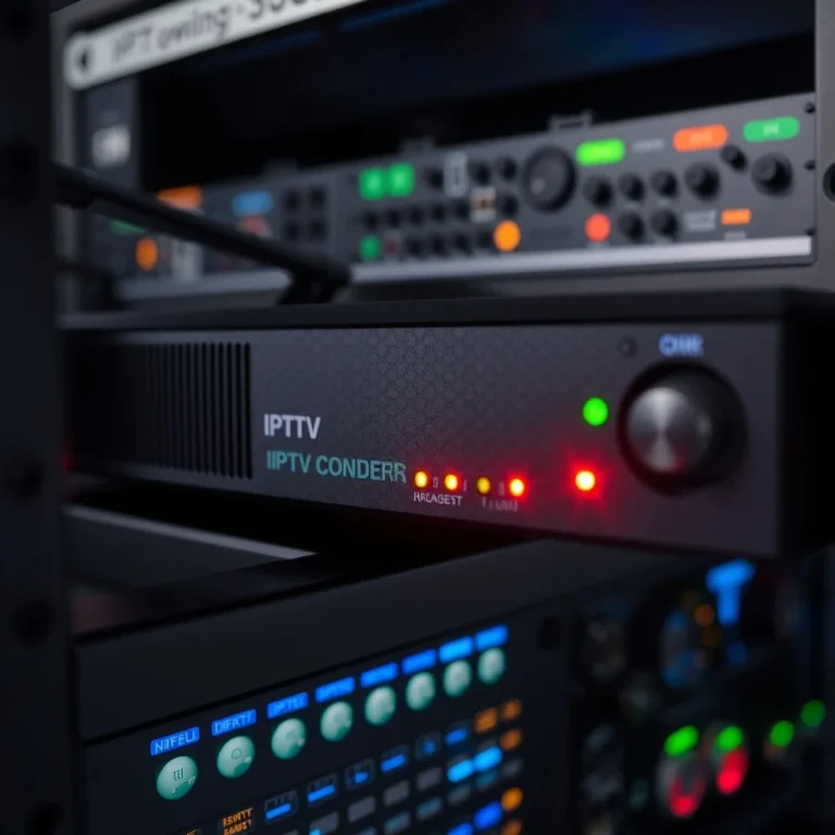 iptv encoder - Photorealistic close-up of a professional IPTV encoder box on broadcast studio rack, LED indicators glowing, shot on DSLR, natural lighting, 8k resolution, unedited photo