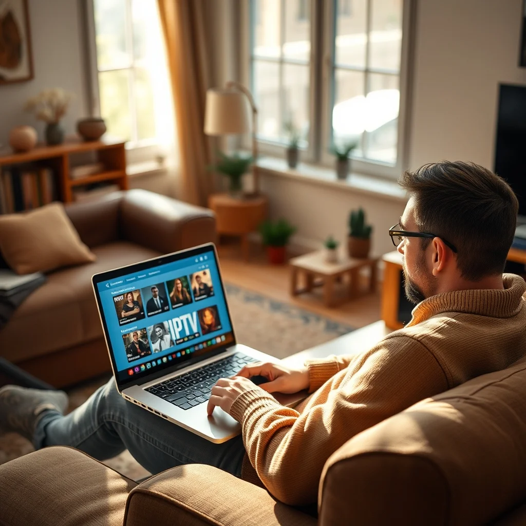 iptv every month subscribe - photorealistic man subscribing to IPTV on laptop at home, natural lighting, cozy living room, 8k resolution, shot on DSLR, unedited photo, ultra sharp