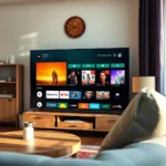 iptv free trial​ - Photorealistic close-up of modern smart TV displaying streaming interface in cozy living room, soft natural lighting, shot on DSLR, unedited photo, 8k resolution