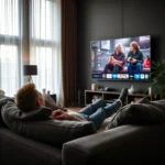 iptv service usa - photorealistic person relaxing on couch watching live IPTV streaming on large smart TV, cozy living room, natural lighting, shot on DSLR, unedited photo, 8k resolution