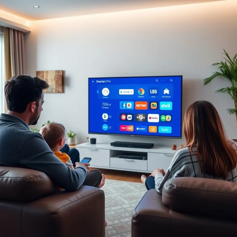 iptv smarters pro - A family enjoying IPTV Smarters Pro on a modern LED TV in a cozy living room, photorealistic, shot on DSLR, unedited photo, natural lighting, 8k resolution.