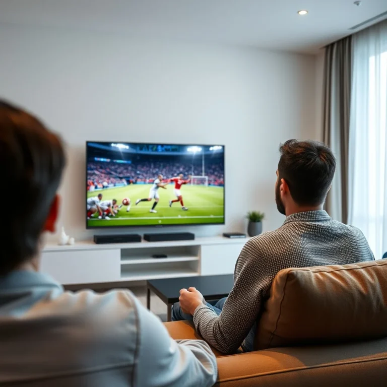 live streamed services​ - Photorealistic shot of a person watching live sports stream on a 4K TV in modern living room, shot on DSLR, natural lighting, 8k resolution, unedited photo