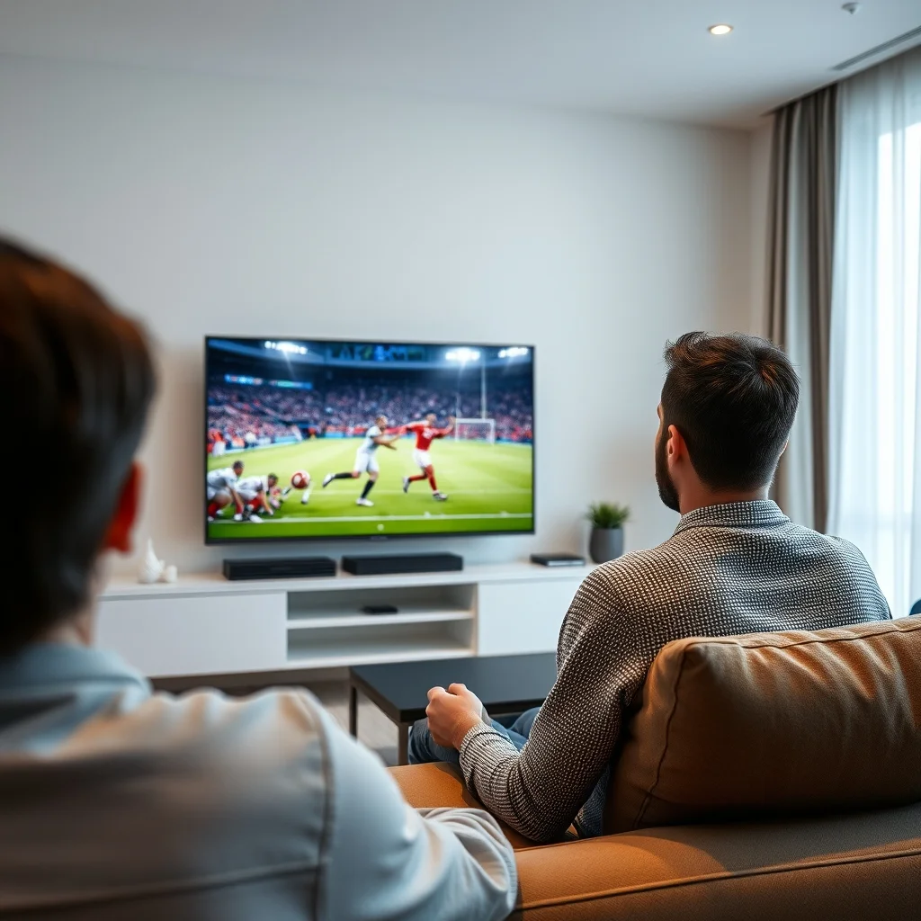 live streamed services​ - Photorealistic shot of a person watching live sports stream on a 4K TV in modern living room, shot on DSLR, natural lighting, 8k resolution, unedited photo