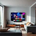 marinios iptv - Photorealistic modern living room with large smart TV displaying vibrant IPTV streaming interface, cozy sofa, shot on DSLR, natural lighting, 8k resolution, unedited photo