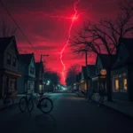 stranger things season 5 - Photorealistic eerie Hawkins town at dusk, red lightning sky, abandoned bikes on street, shot on DSLR, unedited photo, natural lighting, 8k resolution