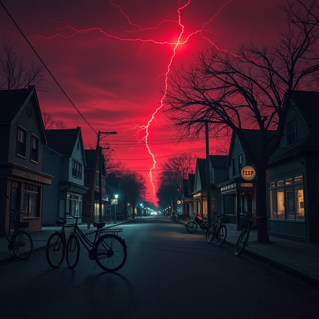 stranger things season 5 - Photorealistic eerie Hawkins town at dusk, red lightning sky, abandoned bikes on street, shot on DSLR, unedited photo, natural lighting, 8k resolution