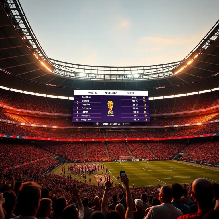 world cup standings - Photorealistic stadium scoreboard displaying world cup standings, packed crowd cheering, golden hour lighting, shot on DSLR, unedited photo, natural lighting, 8k resolution